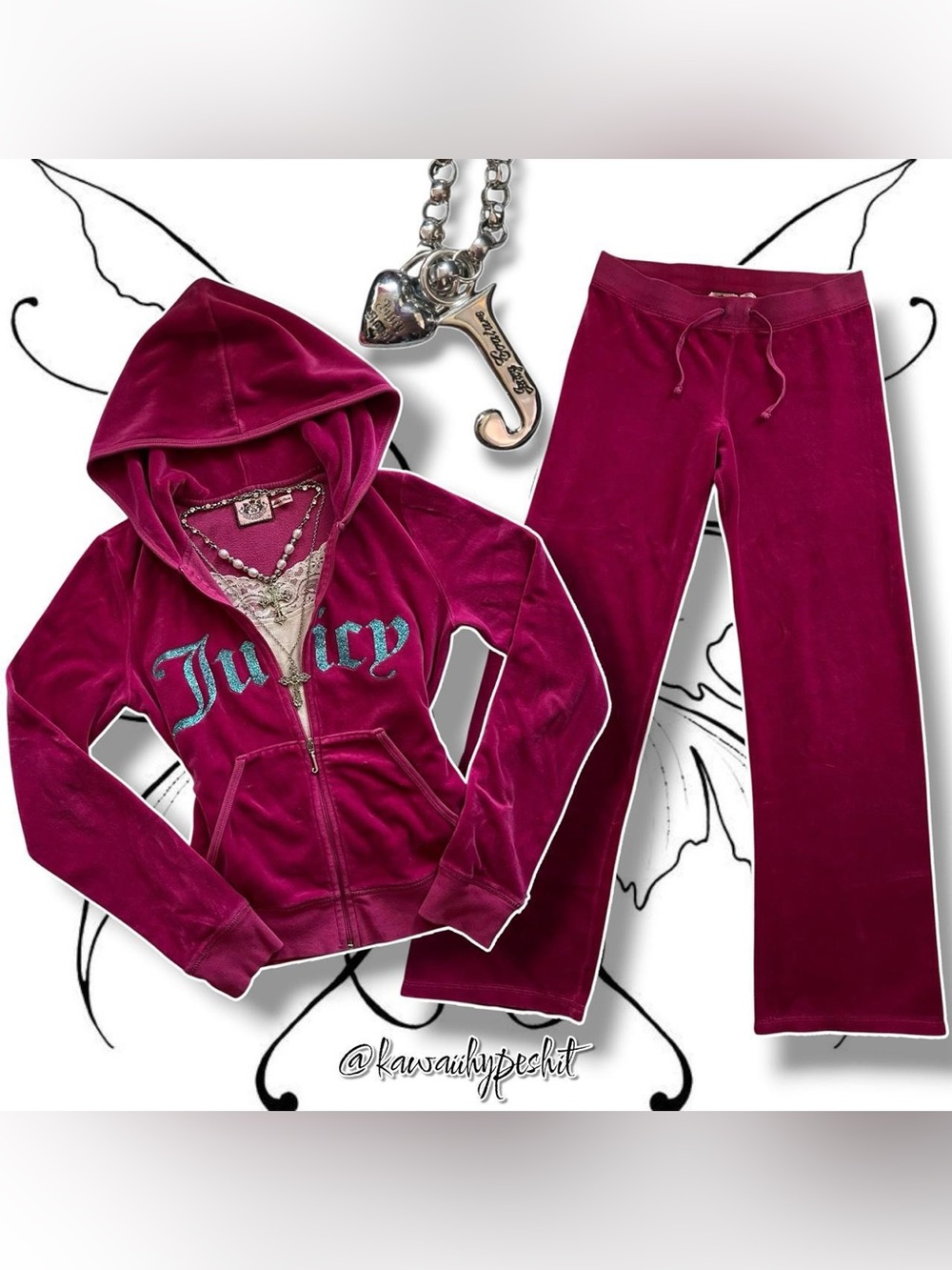 Vintage Y2K Juicy Couture Tracksuit (Fuchsia Pink/Glittery Blue/Gold)